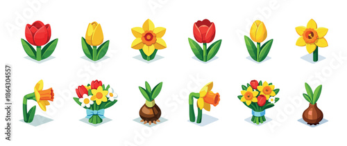 Collection of colorful spring flowers and arrangements in various stages of bloom