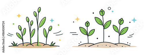Cartoon seedlings sprouting with vibrant growth on white background