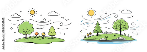 Sunny nature scenes with trees and flowers in minimalist style