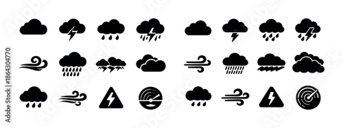 Weather icons set: clouds, rain, lightning, wind, storms, warnings