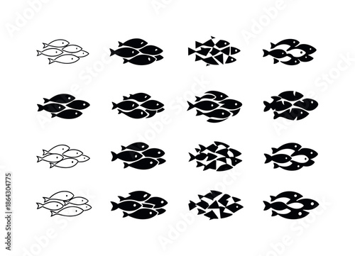 Fish School Icons. fish schools. Icon set. Set Logo of fish schools: dense fish cluster icon. harmonious logo variations of the same emblematic concept, each