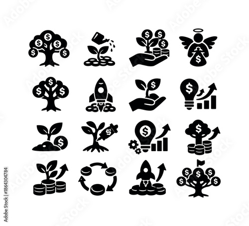 Startup Funding Icons. Startup funding. Solid icon set of Startup funding: funding tree, seed investment plant, venture capital growth, angel investment icon,