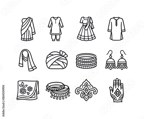 South Asian Iconography. South Asian dress. Line icon set of South Asian dress: saree, salwar kameez, lehenga, kurta, dupatta, turban, bangles,