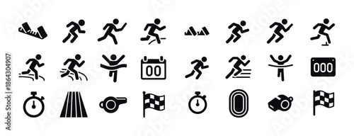 Athletics icon set: running, jumping, timing, and track symbols
