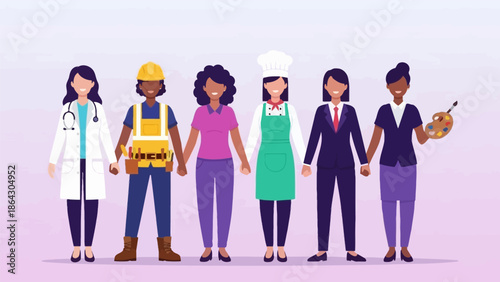 Diverse group of professionals standing together in various occupations.