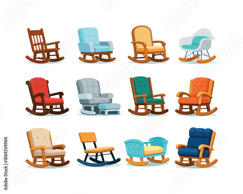 Rocking Chair Icons. Rocking Chair Styles. Colorful flat vector icons set of Rocking Chair Styles: wooden rocker, upholstered rocker, cane rocker, modern