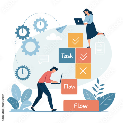 Professionals working together on task automation process concept illustration in a modern flat design environment