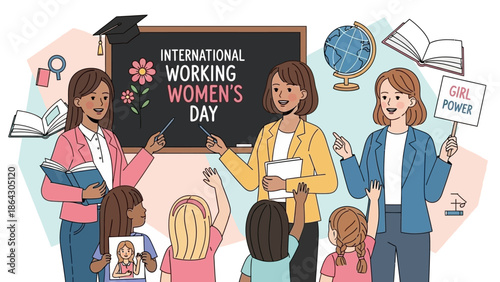 International Working Women's Day celebration with diverse women and children in a classroom setting.