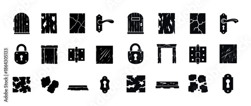 Silhouette icons of doors, locks, hinges, and handles