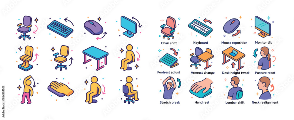 Fototapeta premium Ergonomic office setup guide with illustrated tips for improved