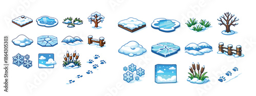 Cartoon winter elements with snowflakes, trees, and frozen lakes