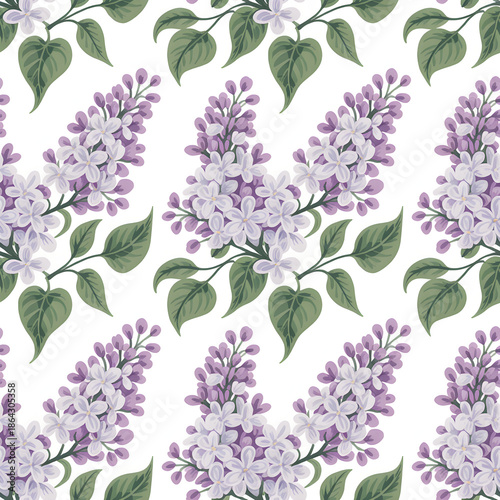 Lilac flower seamless pattern with green leaves