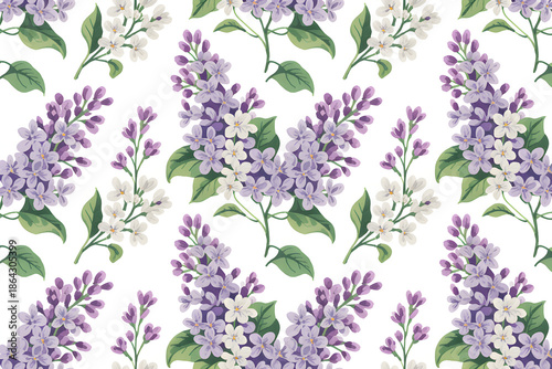 Lilac flower buds and blossoms creating seamless botanical pattern