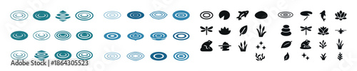 Abstract spiral and nature icons set in blue and black