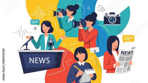 Cartoon journalists working on news broadcast and articles.