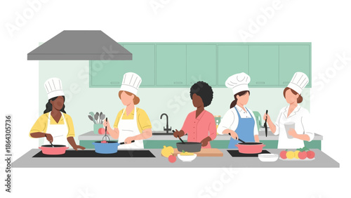 Diverse group of people cooking together in a kitchen.