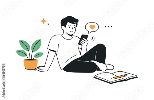 Modern Minimal Lifestyle. Minimal Editorial Art ? Modern Lifestyle. A relaxed character interacting with everyday objects like a phone, notebook, or plant. The
