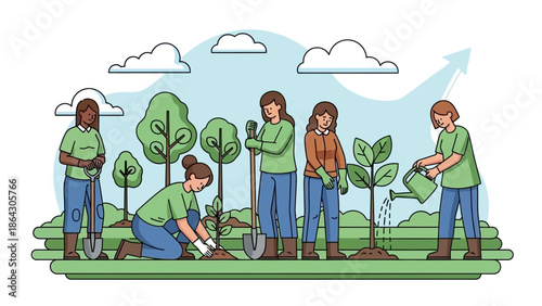 Group of people planting trees together in a green environment.