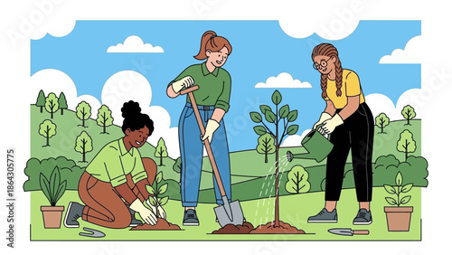 Three women planting trees together in a green field.