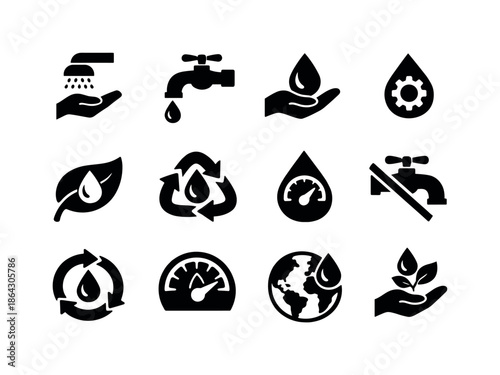 Eco Water Icons. Eco water usage. Solid icon set of Eco water usage: water-saving icon, low-flow faucet, droplet conservation, efficiency badge, eco leaf,