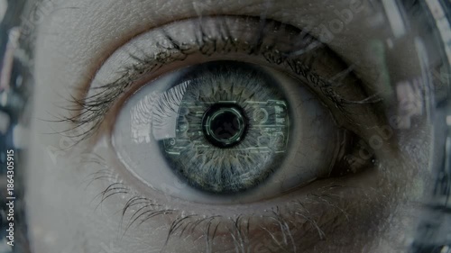Cyberpunk human eye with digital green circuit overlay, futuristic closeup view