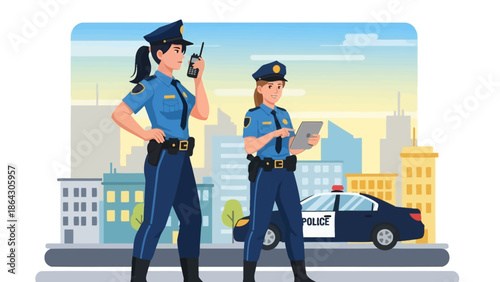 Two female police officers standing in front of a police car.