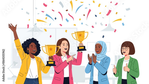 Diverse group of women celebrating success with trophies and confetti.