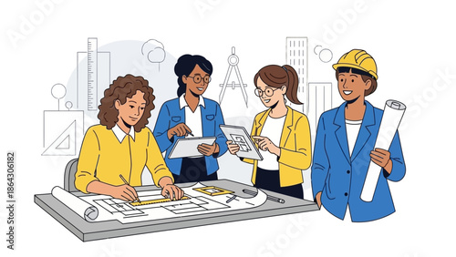 Diverse group of female architects collaborating on a construction project.