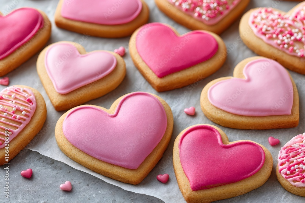 Obraz premium Heart sugar cookies with pink icing and sprinkles for valentine's day