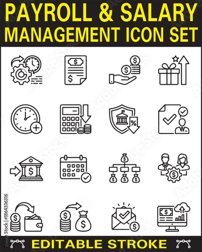 Payroll and Salary Management Icon Set – Editable Stroke Line Icons for HR, Finance, Payslip, Bonus, Tax