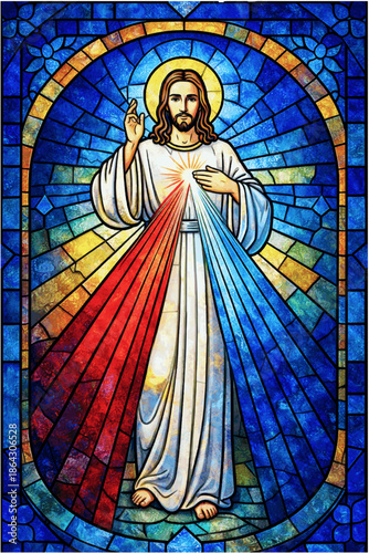 Divine Mercy Jesus Christ Stained Glass Style Christian Vector Illustration with Red and White Rays