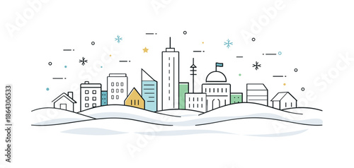 Minimalist Winter Skyline. Minimal skyline with snow. Horizontal cityscape featuring abstract buildings and soft snow layers below, falling flakes and simple