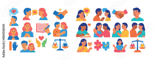 Diverse communication and teamwork illustration with various symbols