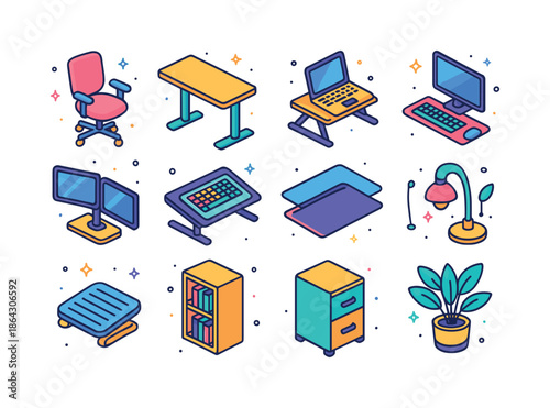 Colorful Workspace Icons. Workspace Setup. Colorful isometric ve