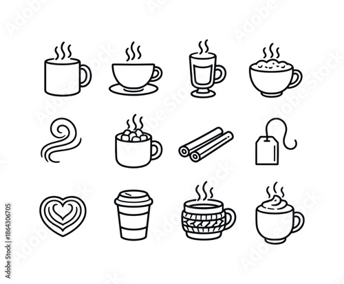 Warm Drink Icons. Warm drink icons. Line icon set of Warm drink icons: coffee mug, tea cup, latte glass, cappuccino cup, steam swirl, hot chocolate mug,