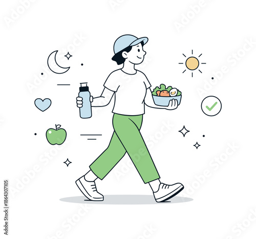 Confident Wellness Journey. Healthy daily habits. A person carrying a water bottle and fresh food, moving forward with confident posture. Simple wellness