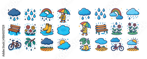 Colorful weather icons with rain, sun, umbrella, and nature elements