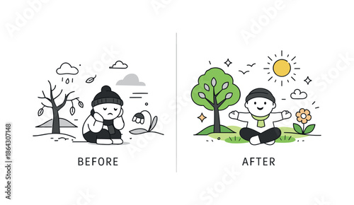 Seasonal Contrast Illustration. Nature before and after. A clean editorial composition showing seasonal contrast through simple shapes and colors.