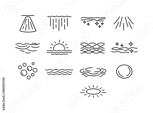 Underwater Light Icons. Underwater Light. Line icon set of Underwater Light: light beam, filtered rays, surface shimmer, diffused light, rippling highlight,