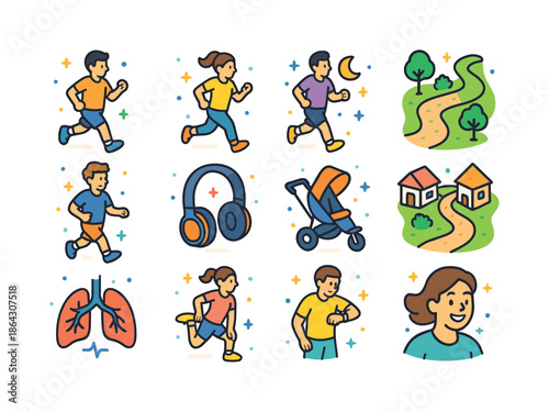 Isometric Jog Icons. Jogging. Colorful isometric vector icons se