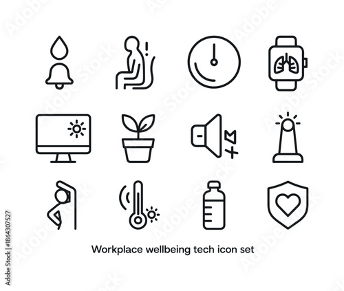 Workplace Wellbeing Icons. Workplace wellbeing tech. Line icon s