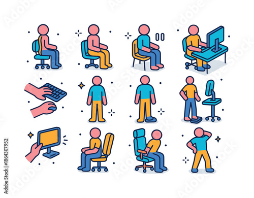 Ergonomic Isometric Icons. Ergonomic poses. Colorful isometric v