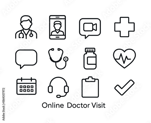 Virtual Healthcare Icons. Online Doctor Visit. Line icon set of