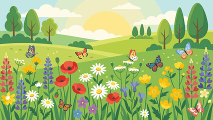 Acrylglasbilder Pistache Spring meadow landscape background. Summer nature scene with colorful wildflowers butterflies. Green grass field. Flat vector illustration. Sunny rural countryside pasture view.  © Saqib GFX
