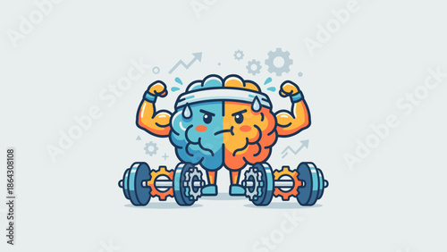 Strong brain character lifting weights. Mental health fitness gym workout. Intelligence muscle power. Smart mind bodybuilding mascot. Dumbbell training. Education psychology vector.