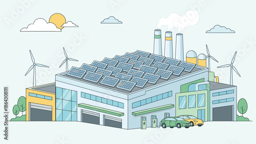 Solar panels on modern factory roof. Industrial renewable energy concept. Flat vector illustration. Photovoltaic power plant. Green electricity. Eco manufacturing. Smart city tech