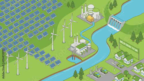 Isometric renewable energy farm. Solar panels wind turbines power plant. Hydroelectric dam electric cars charging. Sustainable green future infrastructure. Eco friendly power system.