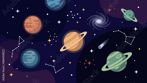 Deep space background with stylized planets stars and constellations. Flat vector illustration of cosmos universe and astronomy. Galaxy system wallpaper. Cartoon science design concept.