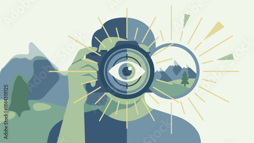 Photographer holding camera. Looking through lens. Focus and perspective concept. Creative vision. Flat vector illustration. Photography hobby. Artistic observation. Digital photo shot.