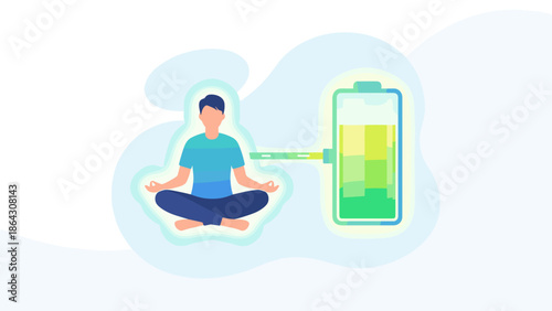 Meditating person with battery charging. Mental health recharge and energy recovery concept. Mindfulness for burnout prevention. Wellness, inner peace and zen relaxation. Flat vector